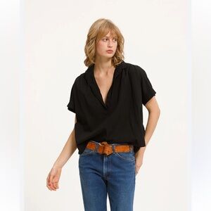 Cali Dreaming Motley Elegant Black V-Neck Women's Blouse- 100% Cotton
